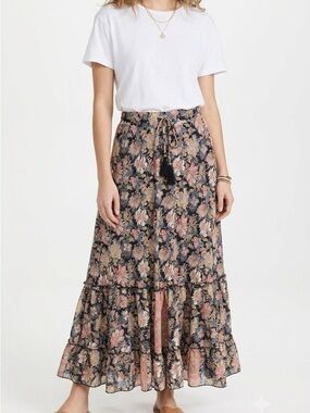 Floral Tiered Maxi Skirt in Black and Pink